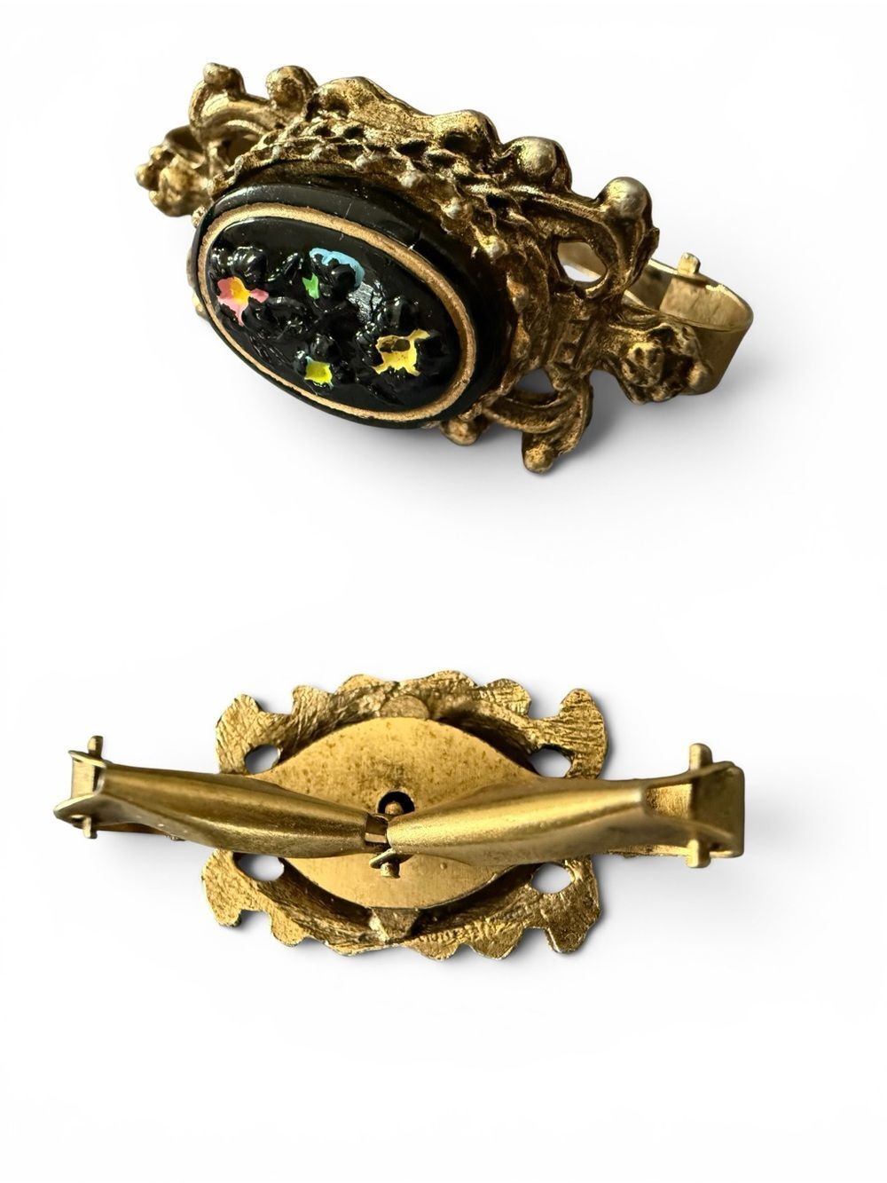 Vintage Victorian Revival Black Floral Dress Clip Brooch Gold Statement